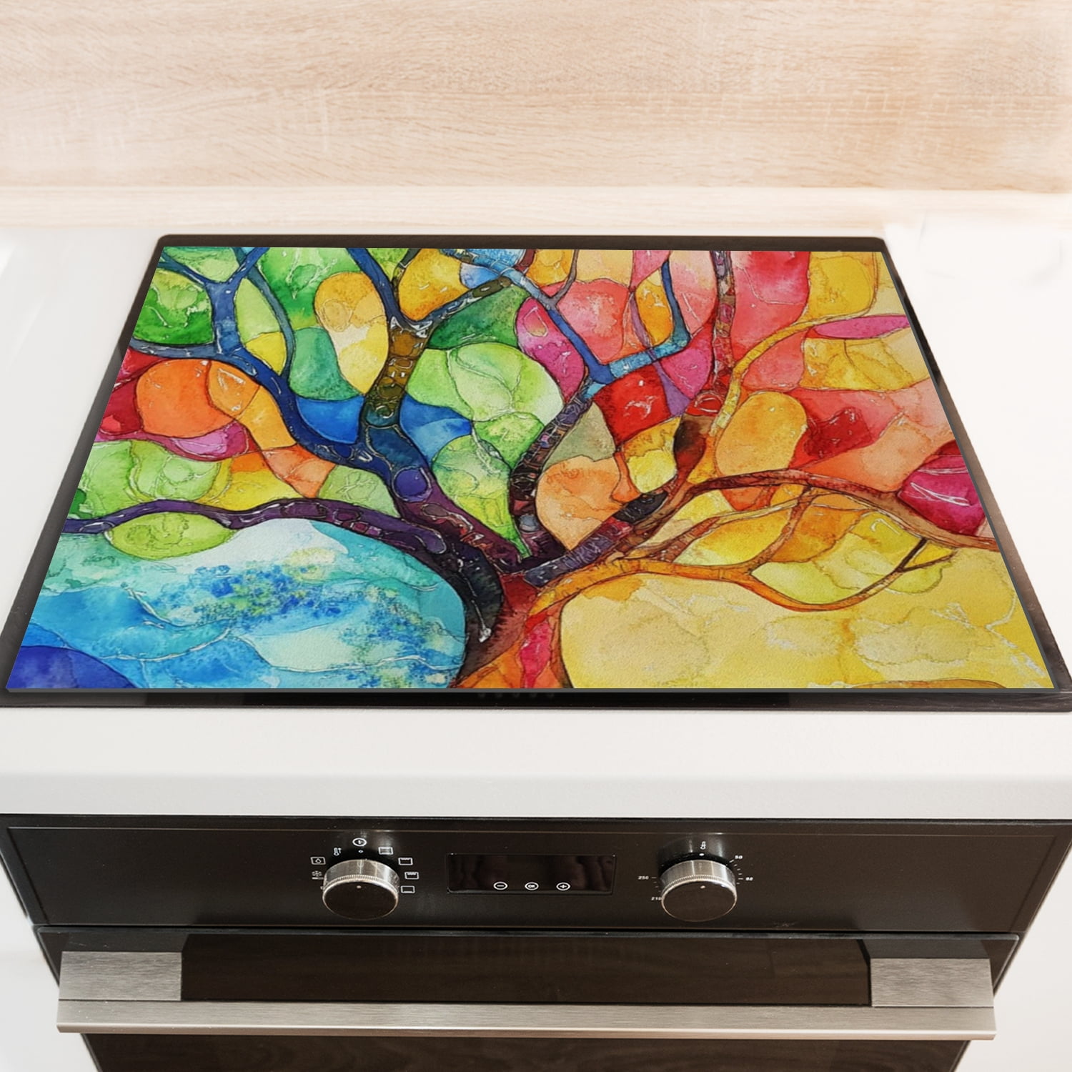 Stove Top Cover, Retro Life Tree Colorful Heat Resistant Kitchen Counter Protector for Glass Electric Stove, Square Washable Foldable Mat for Kitchen RV (28×20 Inch)