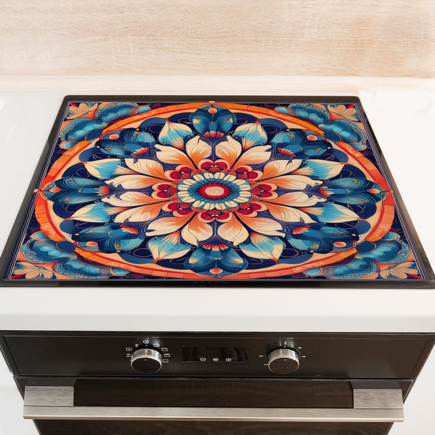 Stove Top Covers For Cooktop Stoves, Floral Mandala Bohemia Style Design Heat Resistant Glass Stovetop Protector Cover,Square Foldable Washable Pad for Kitchen RV (28×20 Inch)