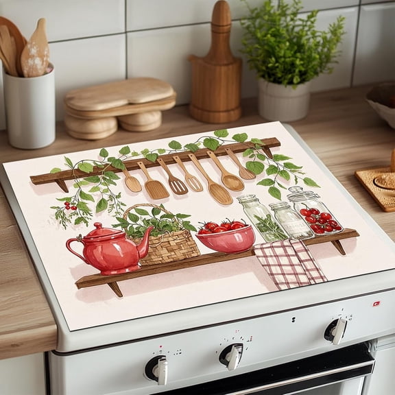 Stove Top Covers for Electric 28x20 Inches Kitchen Shelf Teapot Vegetables Design Heat Resistant Cooktop Cover Countertop Protector Dish Drying Mats Farmhouse Kitchen Decorations