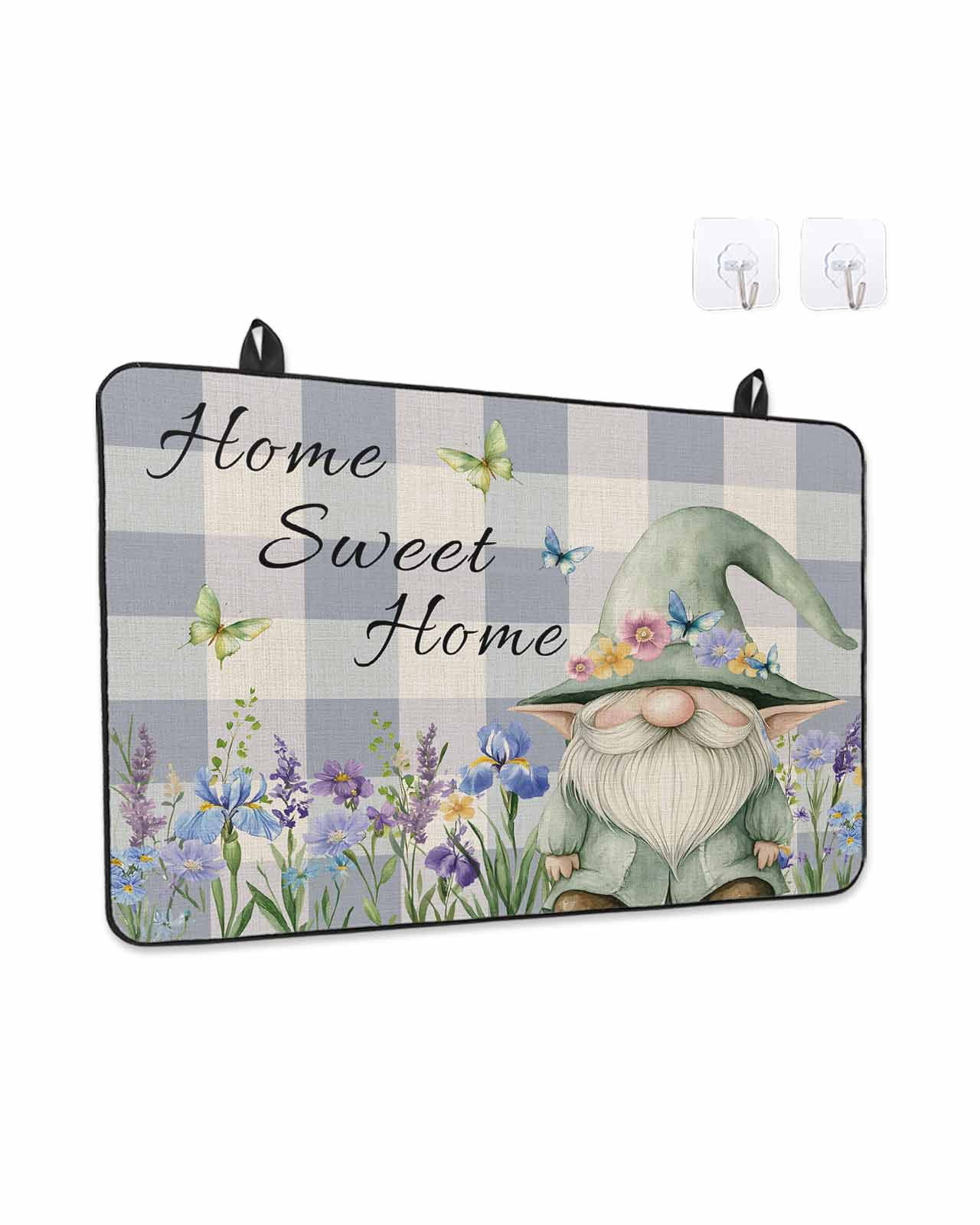 Stove Top Covers for Electric Stove 36x21 Inches, Rustic Gnome Heat Insulation Fireproof Glass Cooktop Protector, Spring Flowers Butterfly Purple Check Countertop Stovetop Cover for Kitchen