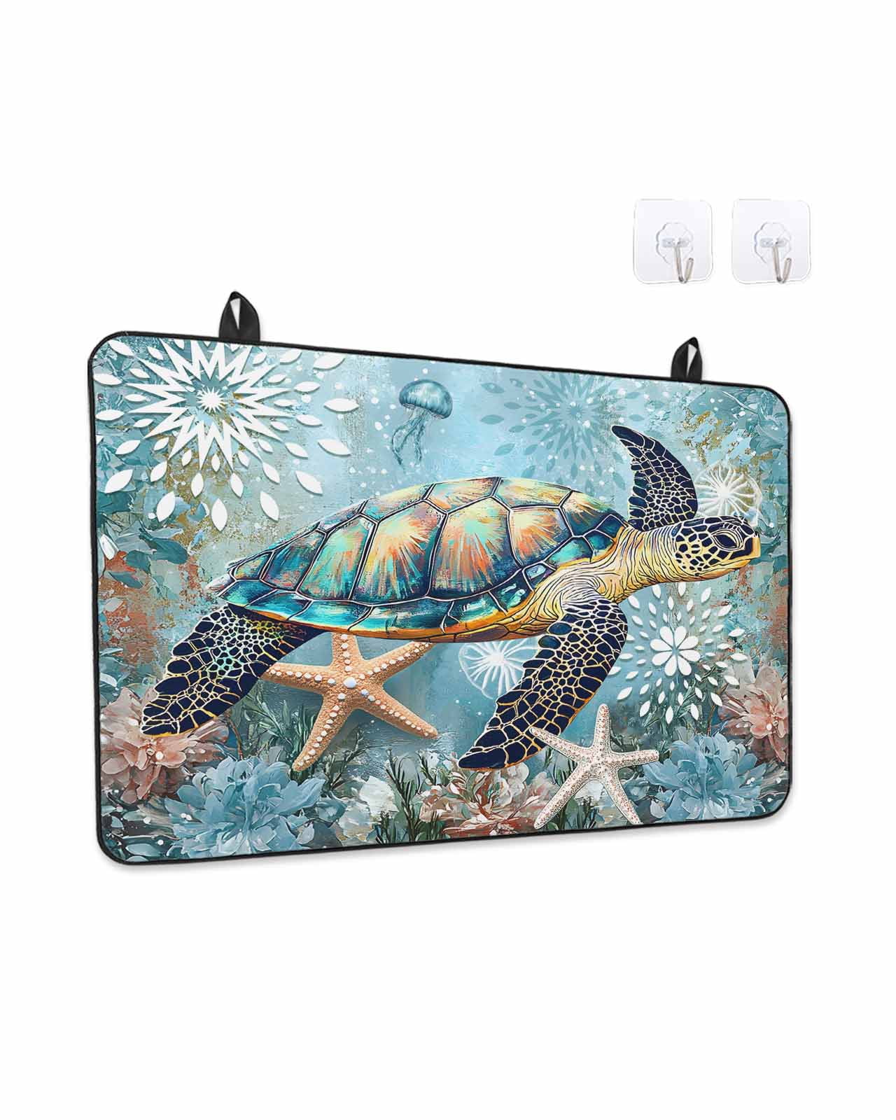 Stove Top Covers for Electric Stove 24x21In, Coastal Sea Turtle Heat Insulation Fireproof Glass Cooktop Protector, Vintage Teal Nautical Beach Botanical Countertop Stovetop Cover for Kitchen