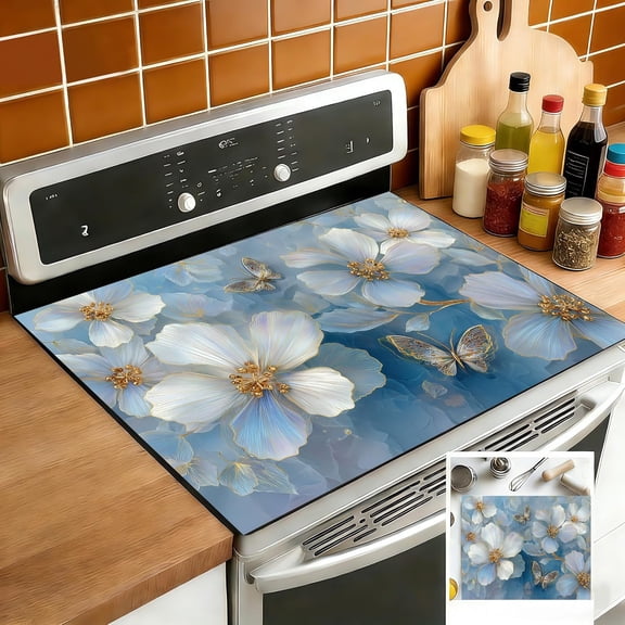 Stove Top Covers for Electric Stove 28 x 20 Inch, Blue White Floral Butterfly Stove Cover Protector, Heat Resistant Glass Cooktop Countertop Cover (Pearlescent Flower & Butterfly Art)