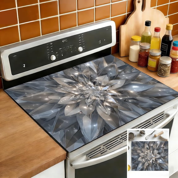 Stove Top Covers for Electric Stove 28 x 20 Inch, Silver Crystal Floral Stove Cover Protector, Heat Resistant Glass Cooktop Countertop Cover (Metallic Abstract Flower)