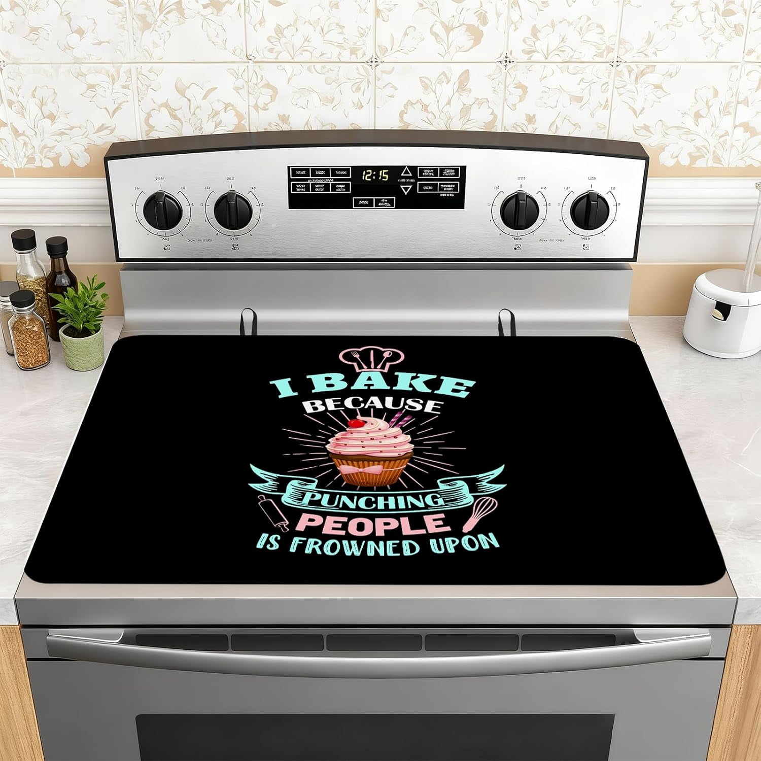 Stove Top Covers for Electric Stove 28"x20" - I Bake Because Punching People is Frowned Upon Glass Stove Top Cover - Heat Resistant Induction Cooktop Protector - Kitchen Gifts for Women, Bakers