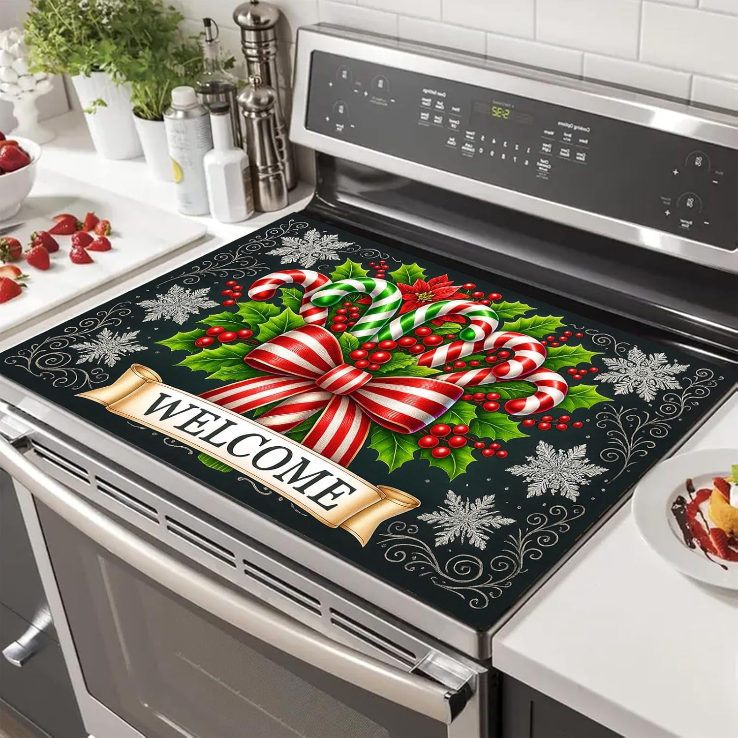 Stove Top Covers for Electric Stove 28x20 Inch Christmas Candy Cane Welcome Cooktop Protector Heat Resistant Counter Cover Dish Drying Mat for Kitchen RV Camper