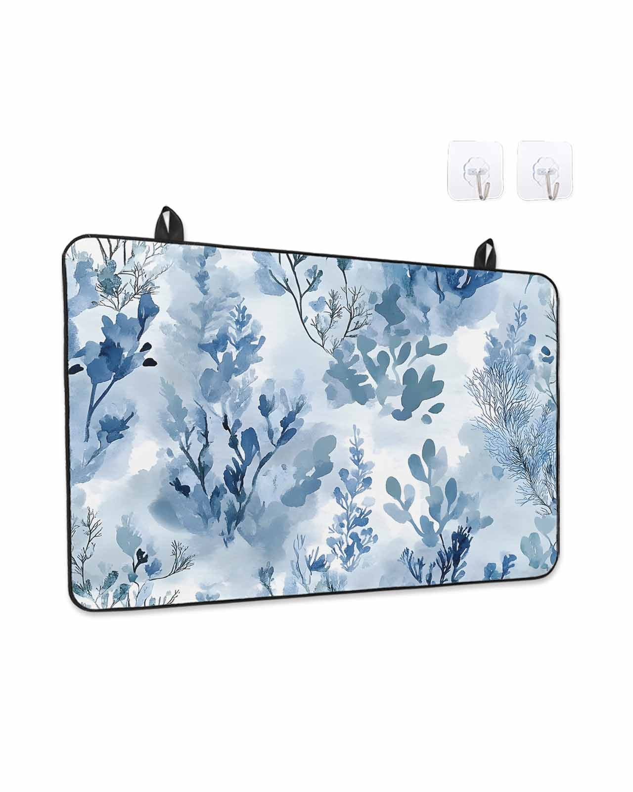 Stove Top Covers for Electric Stove 36x21 Inches, Blue Botanical Art Heat Insulation Fireproof Glass Cooktop Protector, Modern Pastoral Watercolor Leaf Countertop Stovetop Cover for Kitchen