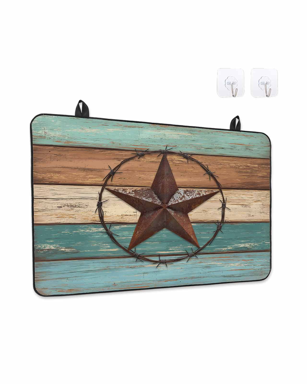 Stove Top Covers for Electric Stove 36x21 Inches, Teal Brown Blue Heat Insulation Fireproof Glass Cooktop Protector, Vintage Country Barn Star Wooden Grain Countertop Stovetop Cover for Kitchen