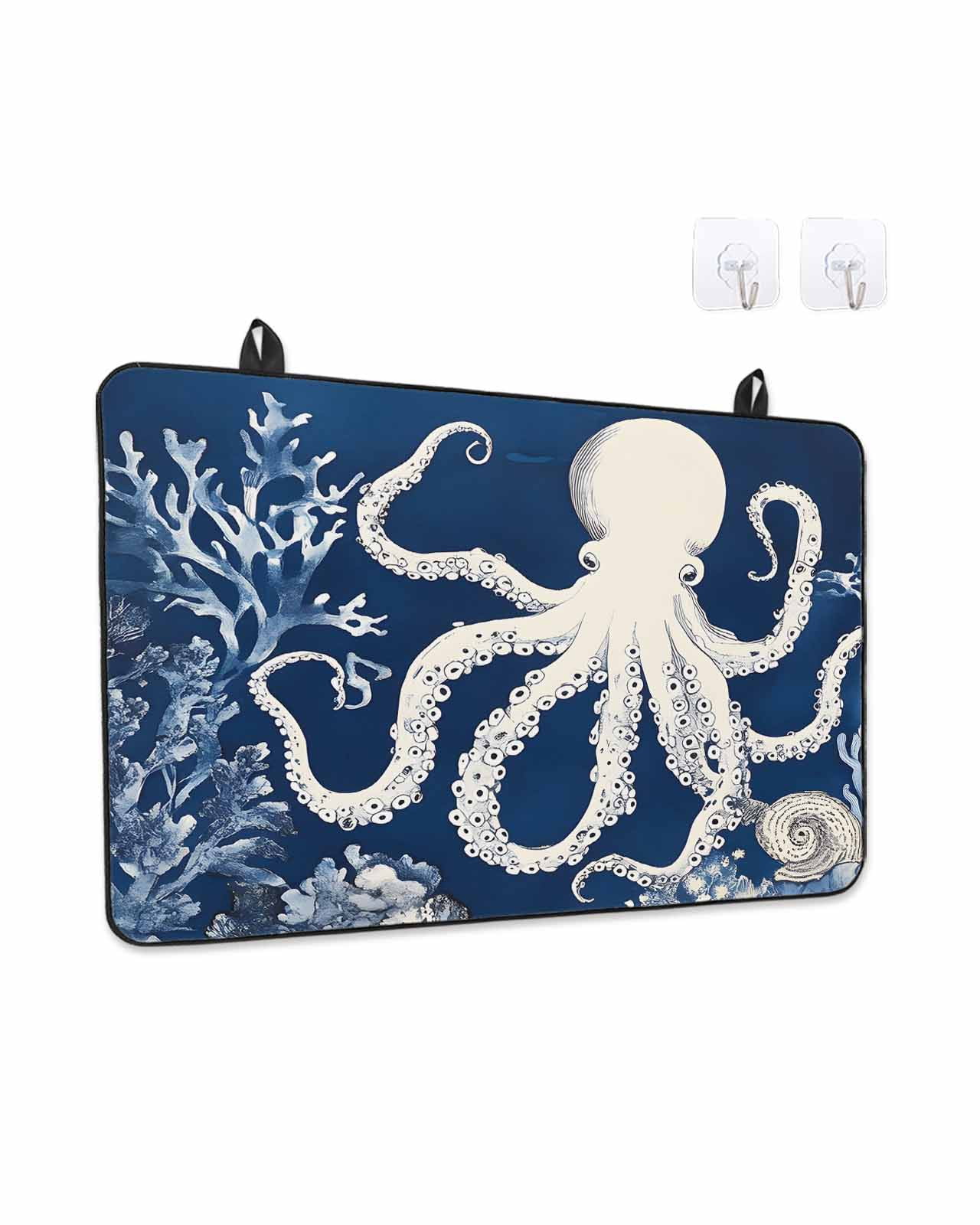 Stove Top Covers for Electric Stove, Beige Octopus Coastal Glass Stovetop Cover Protector, Navy Blue Nautical Ocean Coral Induction Cooktop Protector Oven Mat for Kitchen Countertop 24"x21"