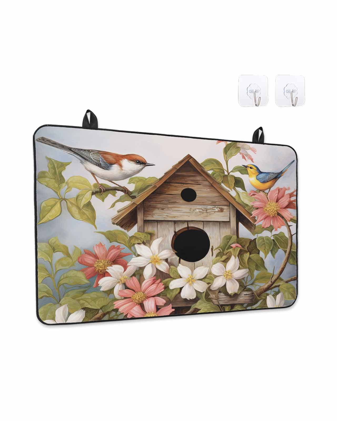 Stove Top Covers for Electric Stove, Birdhouse Vintage Glass Stovetop Cover Protector, Spring Floral Birds Botanical Induction Cooktop Protector Oven Mat for Kitchen Countertop 24"x21"