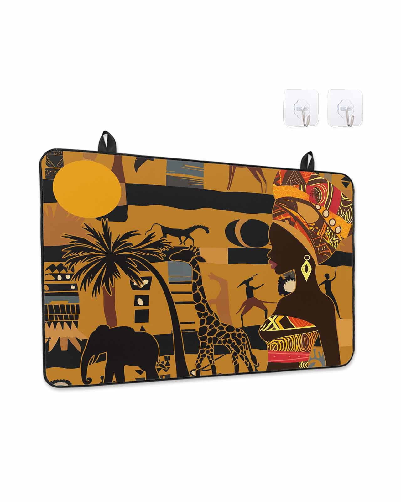 Stove Top Covers for Electric Stove, Black African Women Glass Stovetop Cover Protector, Boho Brown Elephant Giraffe Ethnic Induction Cooktop Protector Oven Mat for Kitchen Countertop 24"x21"