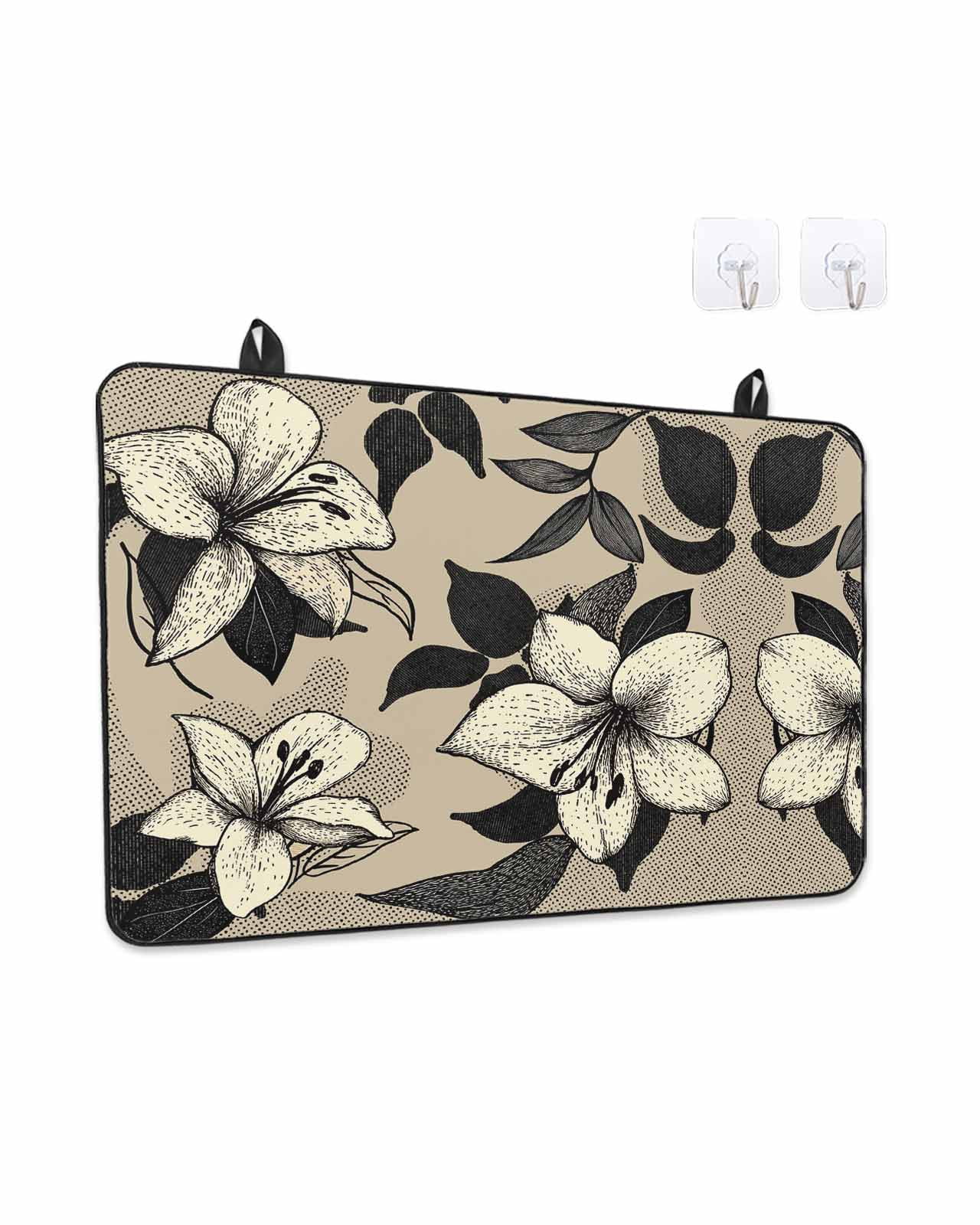 Stove Top Covers for Electric Stove, Black Floral Glass Stovetop Cover Protector, Vintage Khaki Floral Retrp Plant Leaf Induction Cooktop Protector Oven Mat for Kitchen Countertop 24"x21"