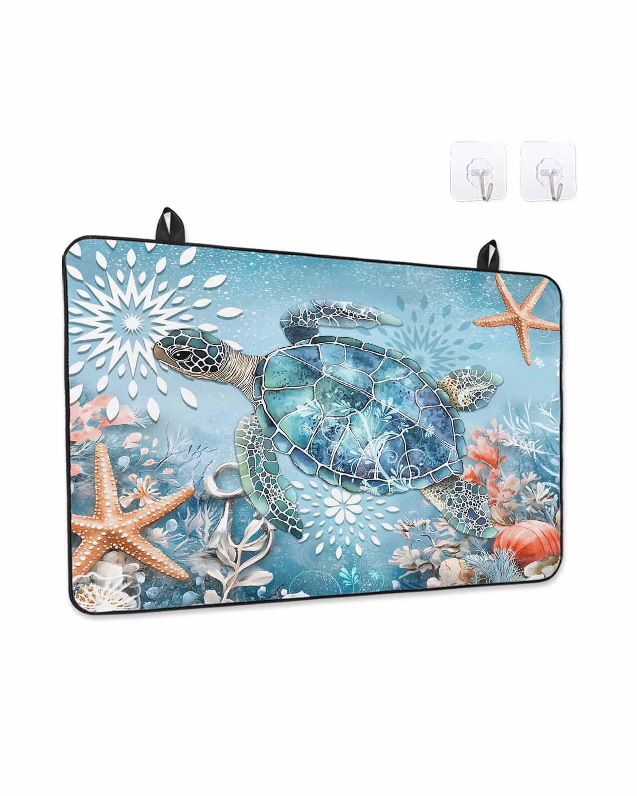 Stove Top Covers for Electric Stove, Blue Coastal Sea Turtle Glass Stovetop Cover Protector, Summer Beach Starfish Botanical Induction Cooktop Protector Oven Mat for Kitchen Countertop 24"x21"