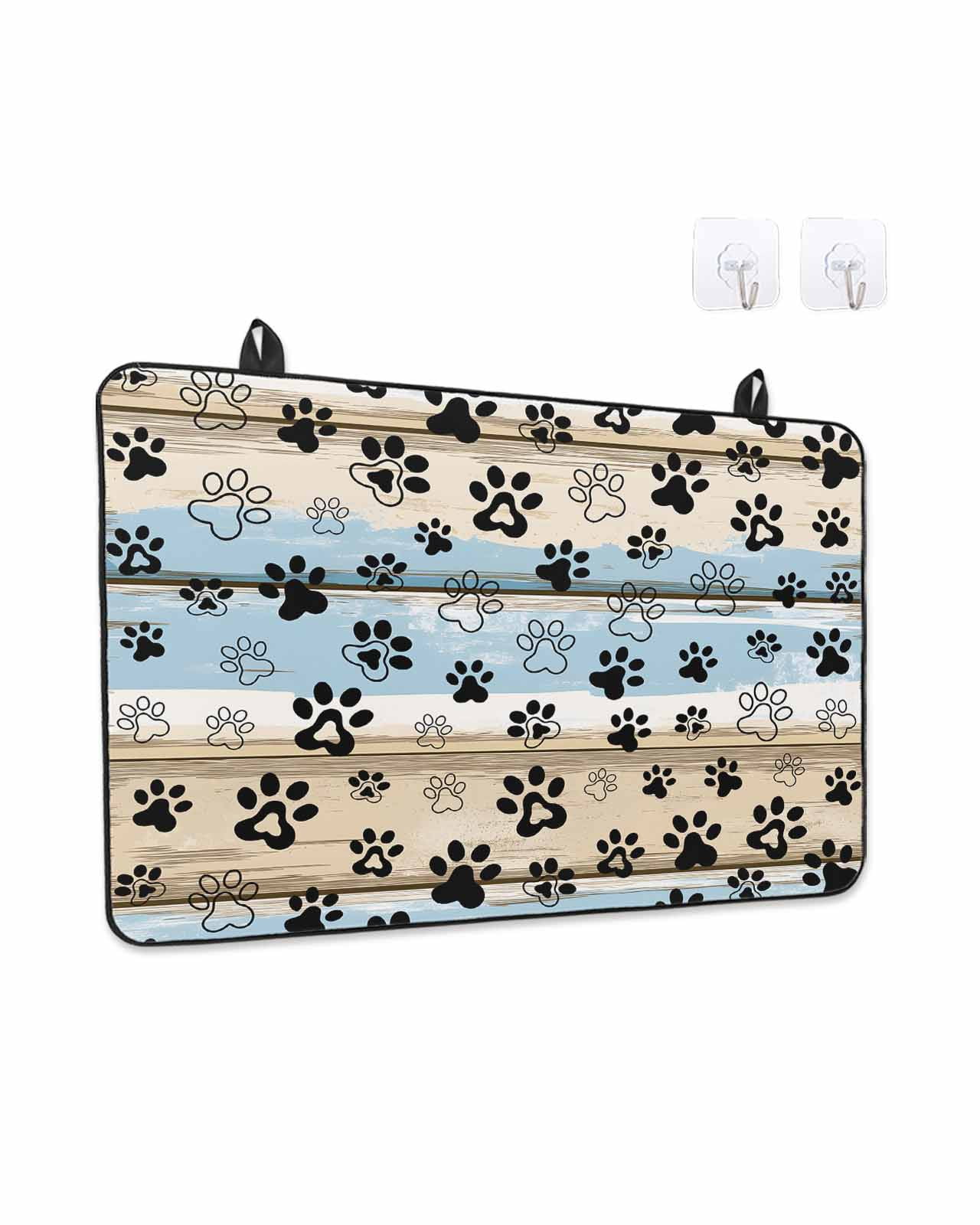 Stove Top Covers for Electric Stove, Blue Dog Paw Print Glass Stovetop Cover Protector, Vintage Farmhouse Rustic Wooden Grain Induction Cooktop Protector Oven Mat for Kitchen Countertop 24"x21"
