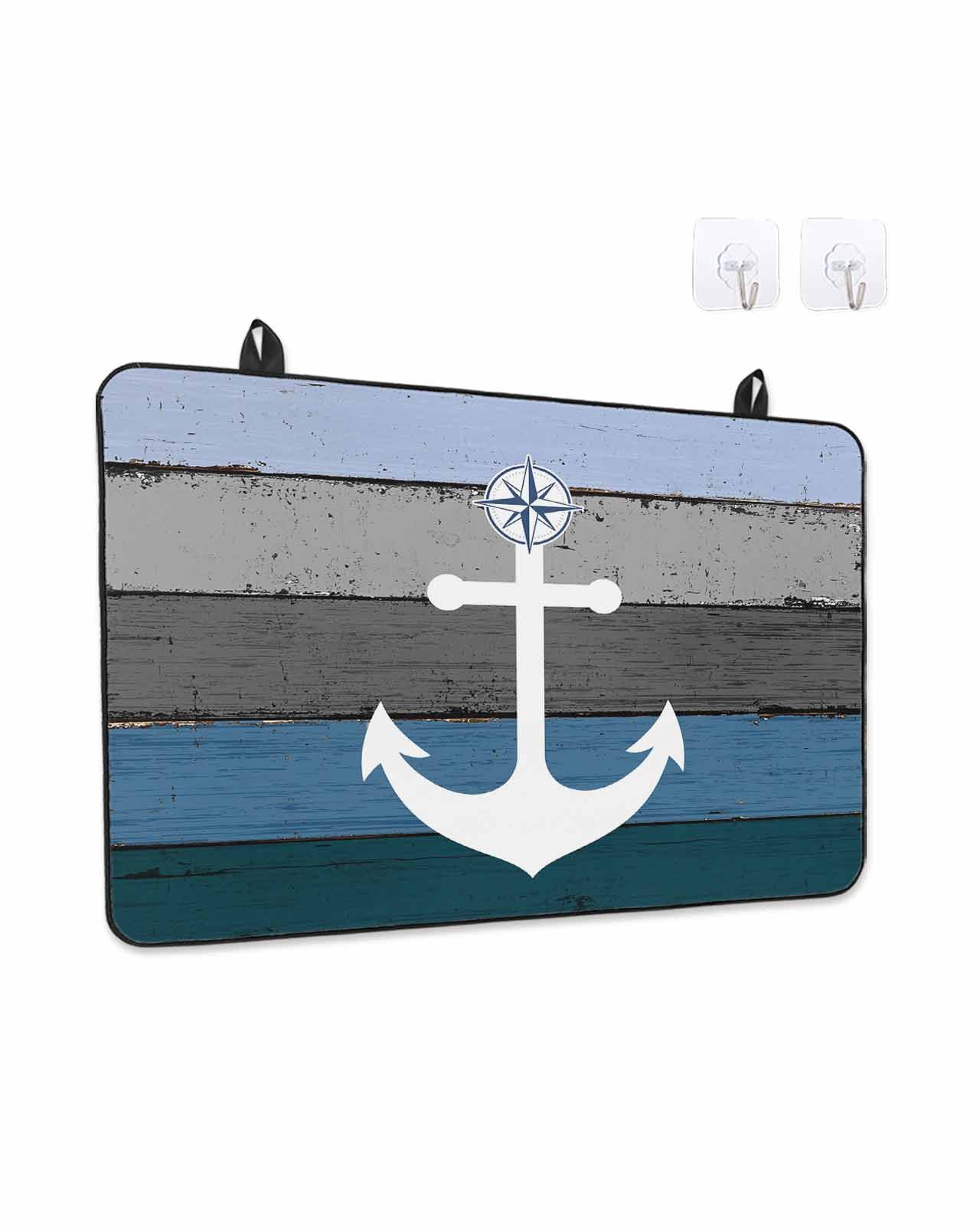Stove Top Covers for Electric Stove, Blue Nautical Anchor Glass Stovetop Cover Protector, Rustic Distressed Wood Grain Induction Cooktop Protector Oven Mat for Kitchen Countertop 28.5"x20.5"