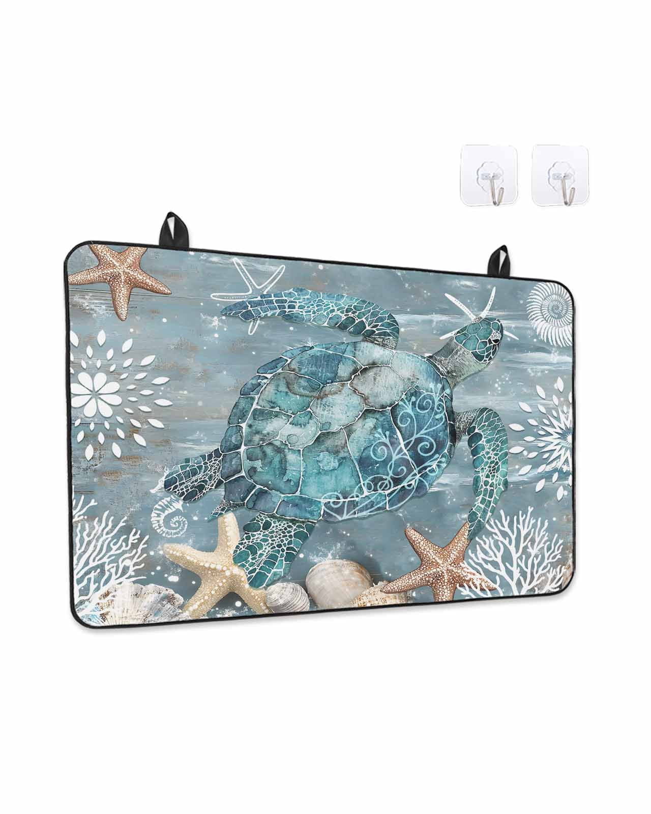 Stove Top Covers for Electric Stove, Blue Turtle Coastal Glass Stovetop Cover Protector, Summer Beach Ocean Starfish Coral Induction Cooktop Protector Oven Mat for Kitchen Countertop 24"x21"