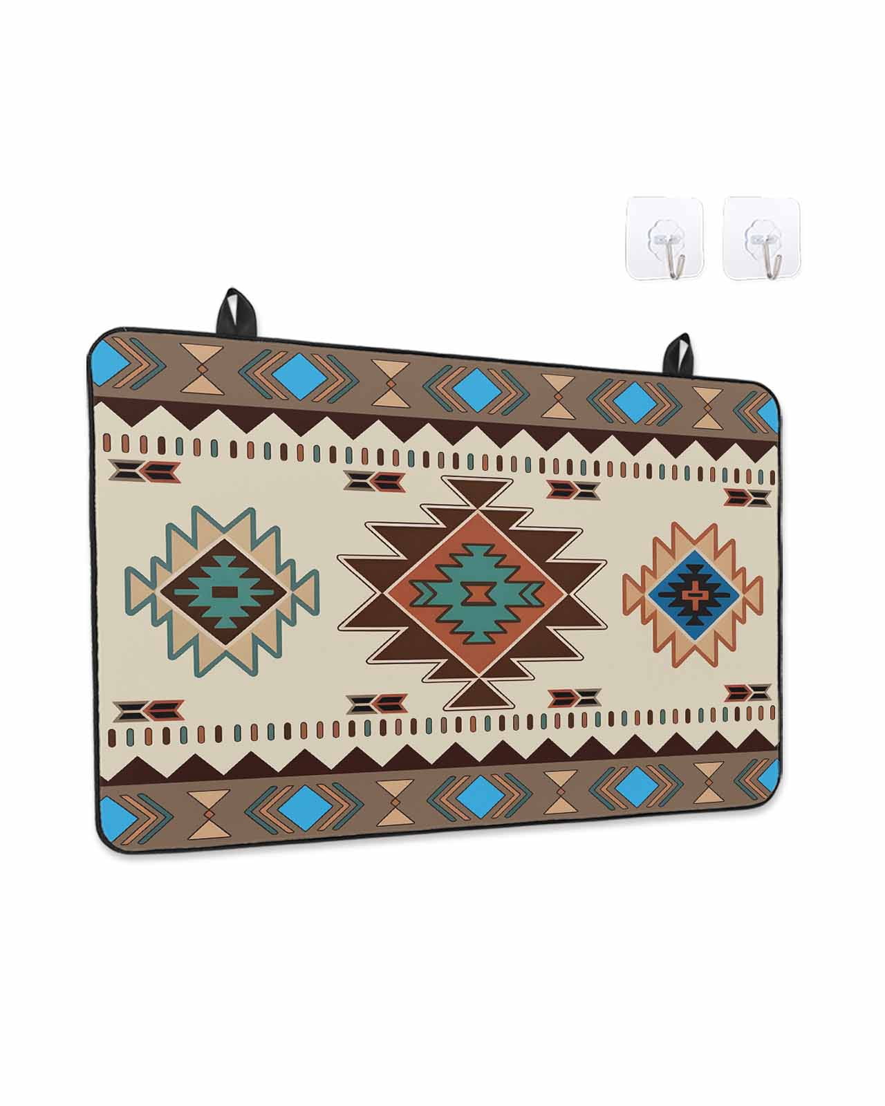 Stove Top Covers for Electric Stove, Boho Southwest Glass Stovetop Cover Protector, Farmhouse Aztec Tribe Brown Blue Plaid Induction Cooktop Protector Oven Mat for Kitchen Countertop 24"x21"