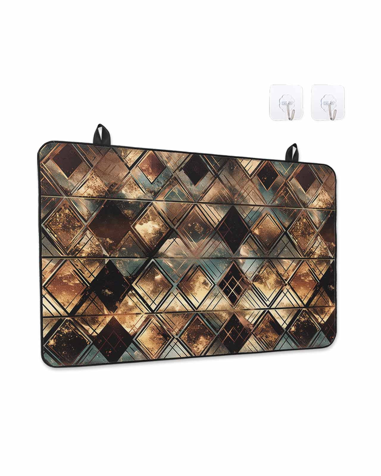 Stove Top Covers for Electric Stove, Brown Teal Geometric Glass Stovetop Cover Protector, Retro Modern Plaid Abstract Art Induction Cooktop Protector Oven Mat for Kitchen Countertop 24"x21"