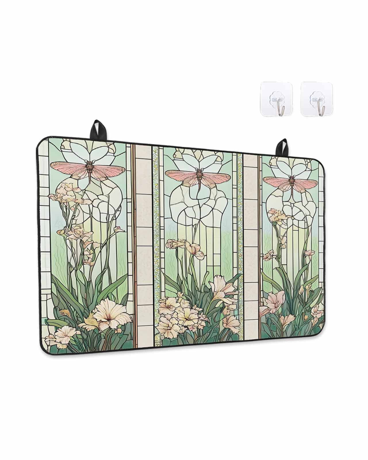 Stove Top Covers for Electric Stove, Butterfly Flowers Glass Stovetop Cover Protector, Vintage Stained Glass Green Spring Induction Cooktop Protector Oven Mat for Kitchen Countertop 24"x21"