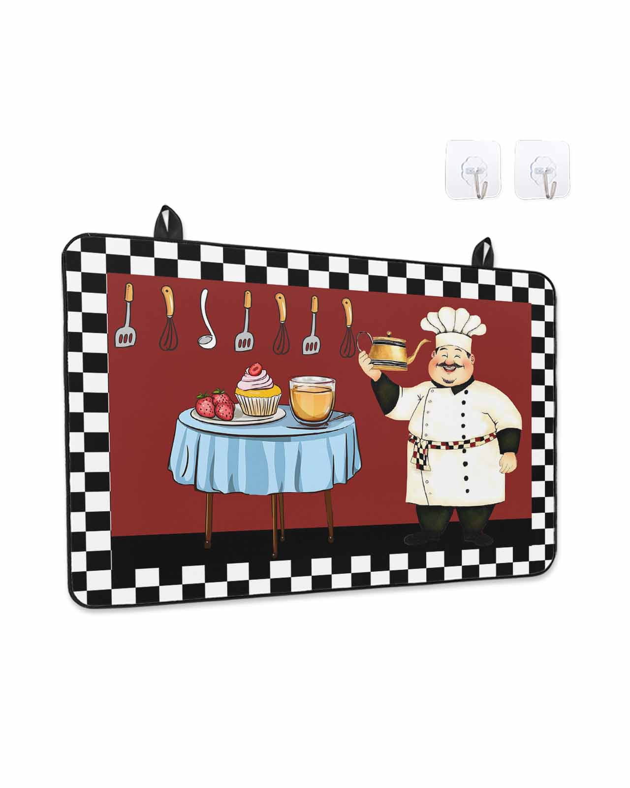 Stove Top Covers for Electric Stove, Chef Glass Stovetop Cover Protector, Cartoon Red Food Cooking Black White Buffalo Check Induction Cooktop Protector Oven Mat for Kitchen Countertop 24"x21"