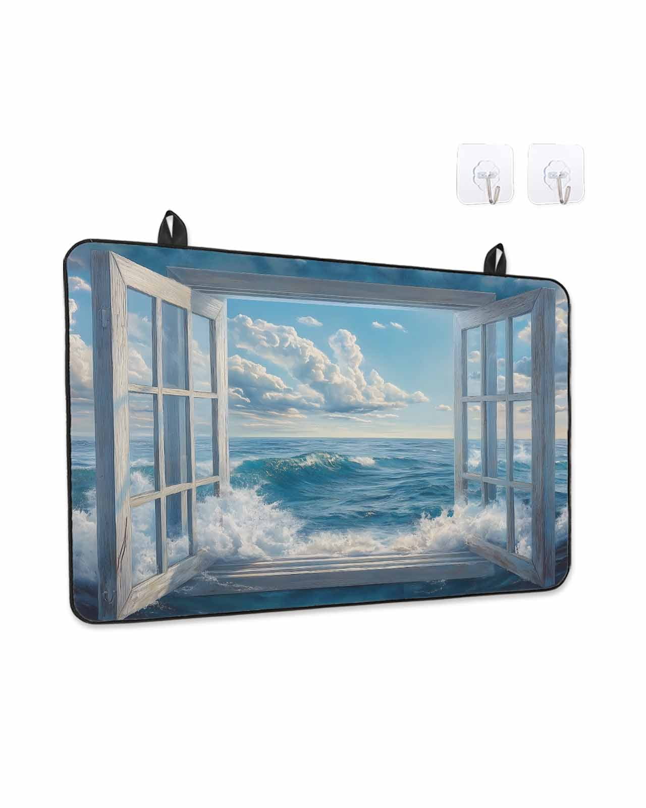 Stove Top Covers for Electric Stove, Coastal Glass Stovetop Cover Protector, Window Nautical Beach Blue Seaside Induction Cooktop Protector Oven Mat for Kitchen Countertop 24"x21"