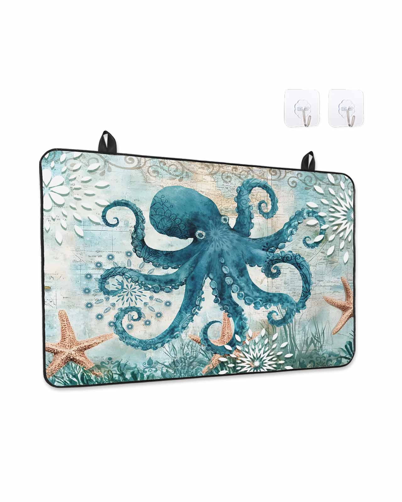 Stove Top Covers for Electric Stove, Coastal Octopus Glass Stovetop Cover Protector, Teal Nautical Beach Starfish Vintage Induction Cooktop Protector Oven Mat for Kitchen Countertop 24"x21"