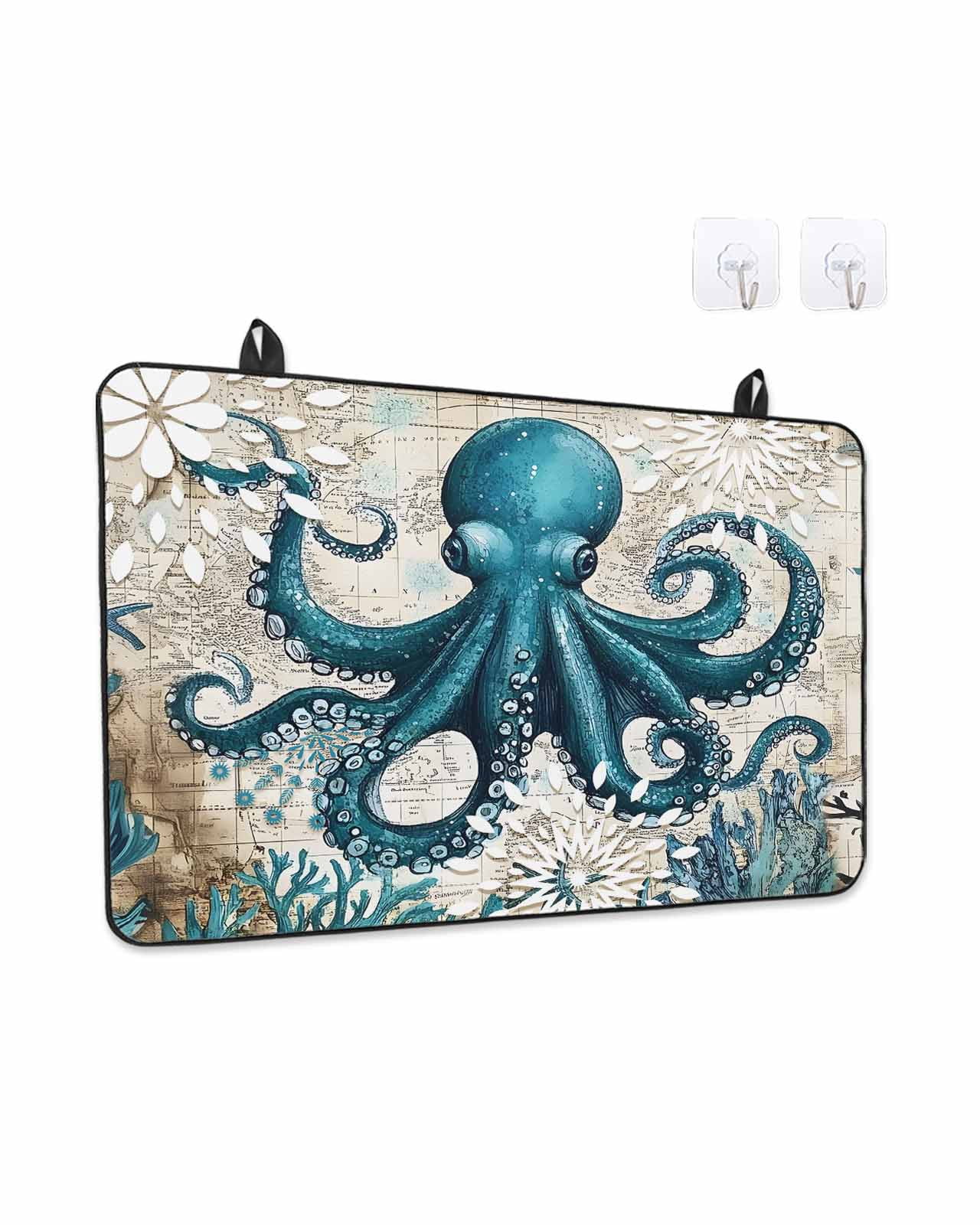 Stove Top Covers for Electric Stove, Coastal Octopus Glass Stovetop Cover Protector, Vintage Beach Teal Coral Nautical Induction Cooktop Protector Oven Mat for Kitchen Countertop 24"x21"