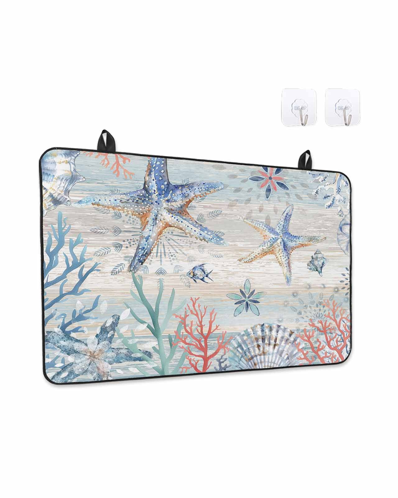 Stove Top Covers for Electric Stove, Coastal Starfish Glass Stovetop Cover Protector, Blue Nautical Coral Seashell Wooden Induction Cooktop Protector Oven Mat for Kitchen Countertop 24"x21"
