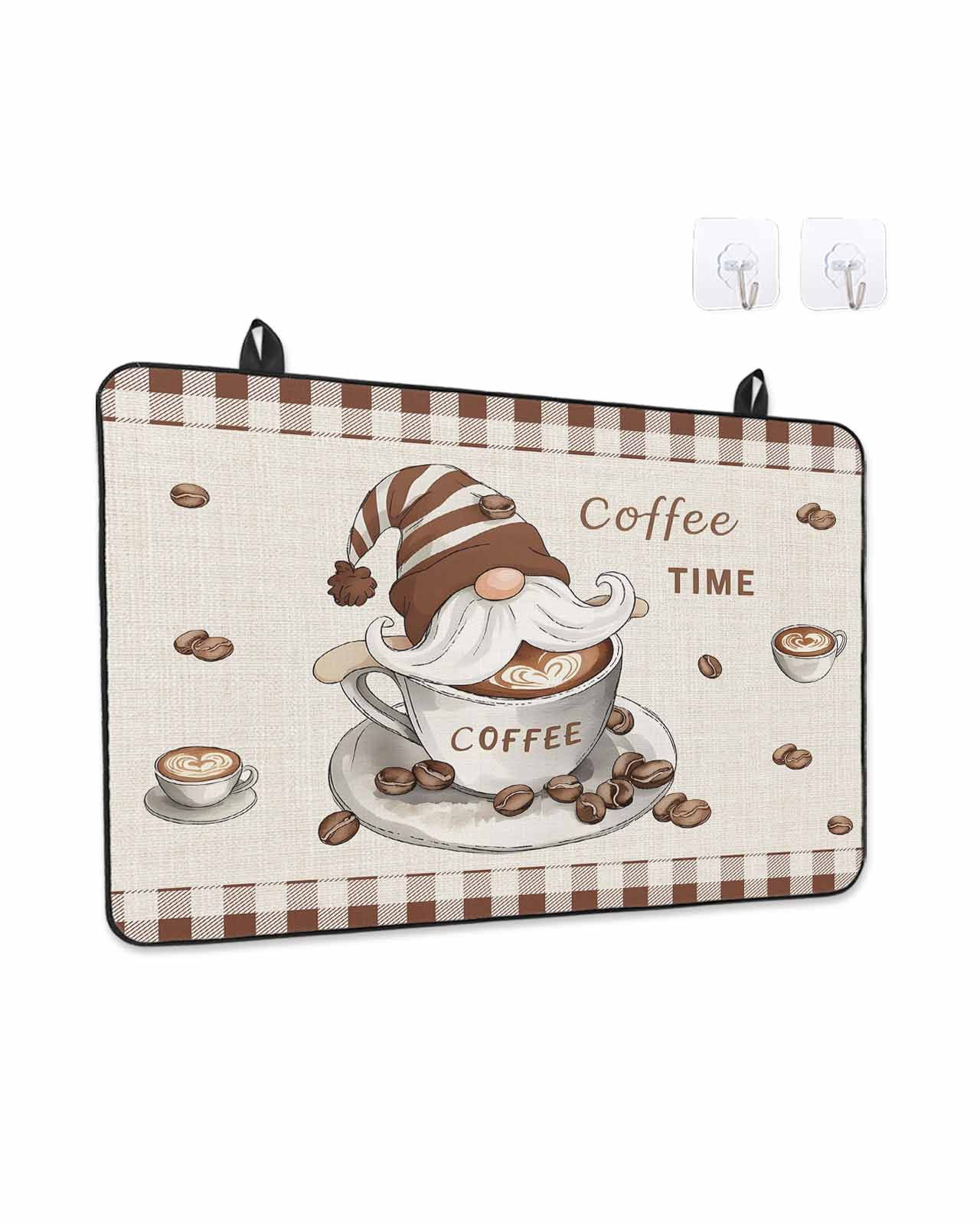 Stove Top Covers for Electric Stove, Coffee Gnomes Glass Stovetop Cover Protector, Farmhouse Brown Plaid Teacup Beans Induction Cooktop Protector Oven Mat for Kitchen Countertop 24"x21"