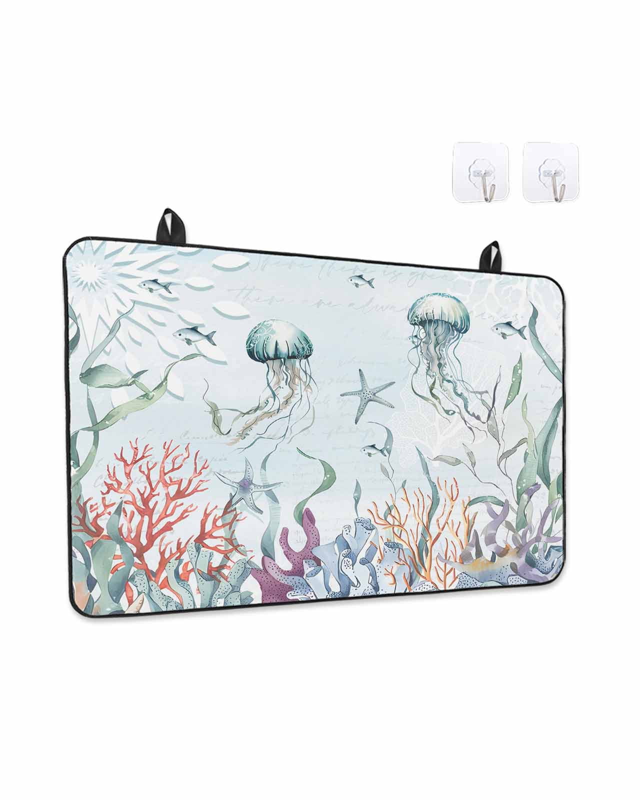 Stove Top Covers for Electric Stove, Green Jellyfish Coastal Glass Stovetop Cover Protector, Summer Beach Coral Starfish Nautical Induction Cooktop Protector Oven Mat for Kitchen Countertop 24"x21"