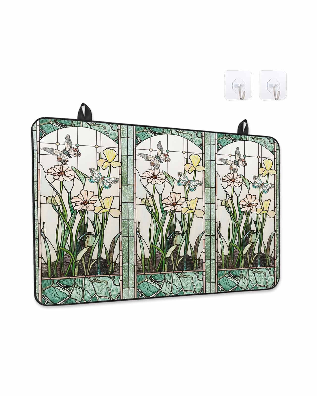 Stove Top Covers for Electric Stove, Green Spring Botanical Glass Stovetop Cover Protector, Summer Butterfly Vintage Induction Cooktop Protector Oven Mat for Kitchen Countertop 24"x21"