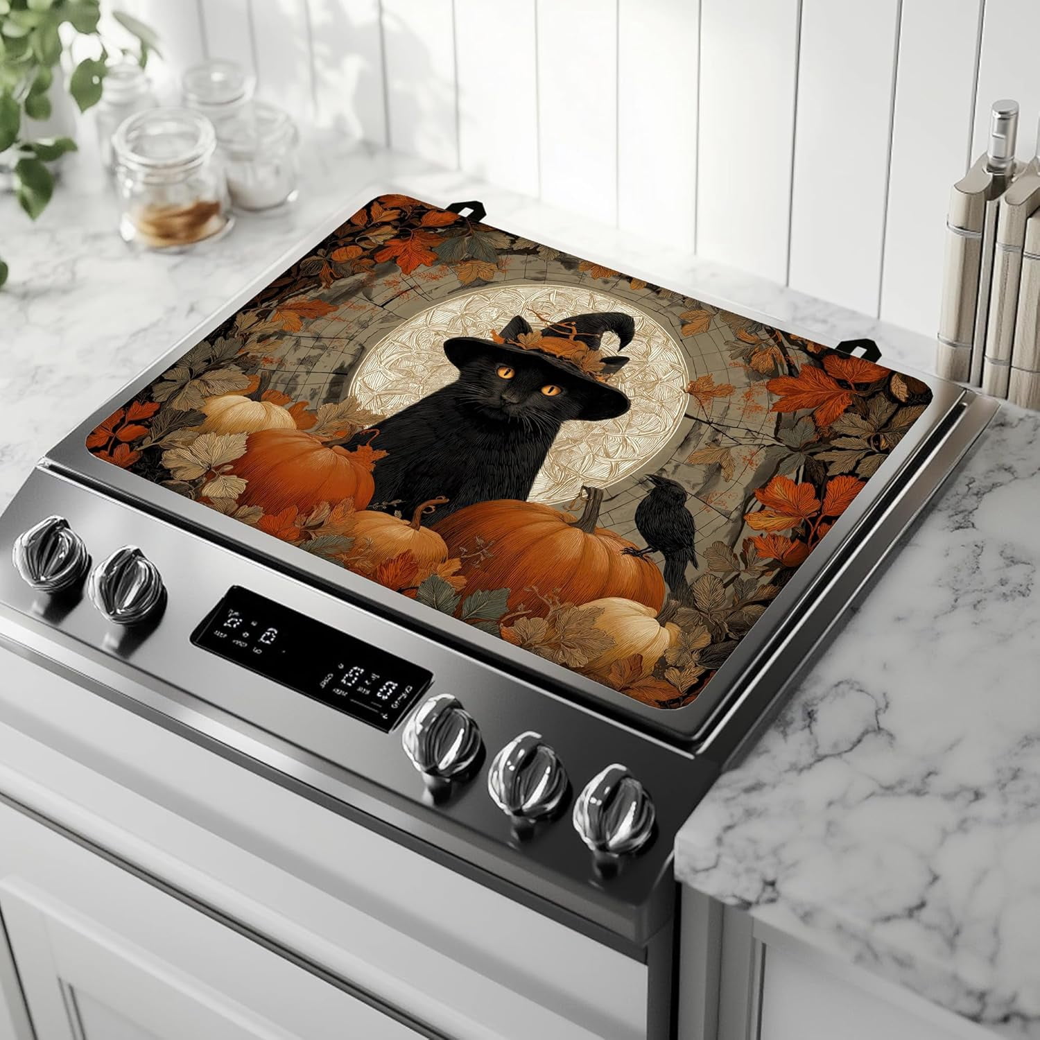 Stove Top Covers for Electric Stove,Halloween Black Cat Stove Top Protector Thick Rubber Dish Drying Mat for Kitchen Cooking Ceramic Countertop 28.5“ x 20.5“