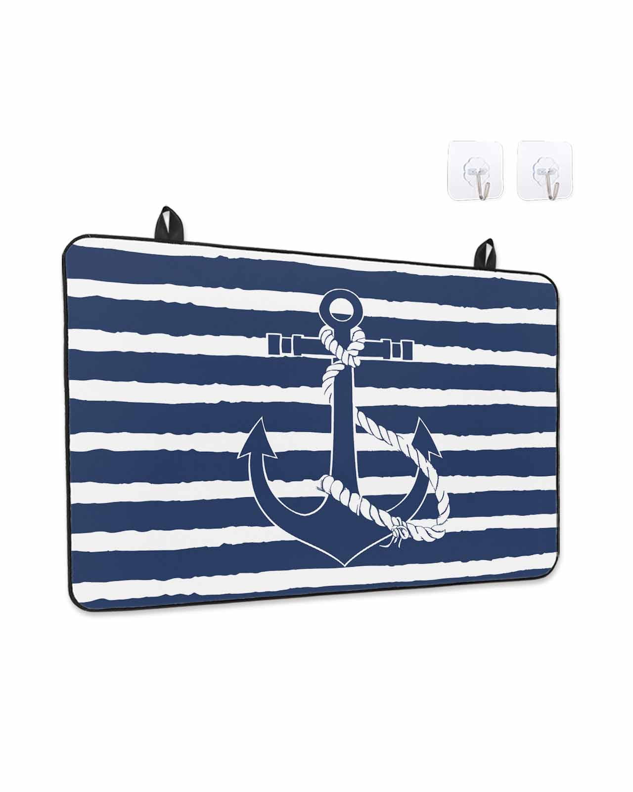 Stove Top Covers for Electric Stove, Navy Blue Anchor Nautical Glass Stovetop Cover Protector, Navy Blue Striped Farmhouse Induction Cooktop Protector Oven Mat for Kitchen Countertop 24"x21"