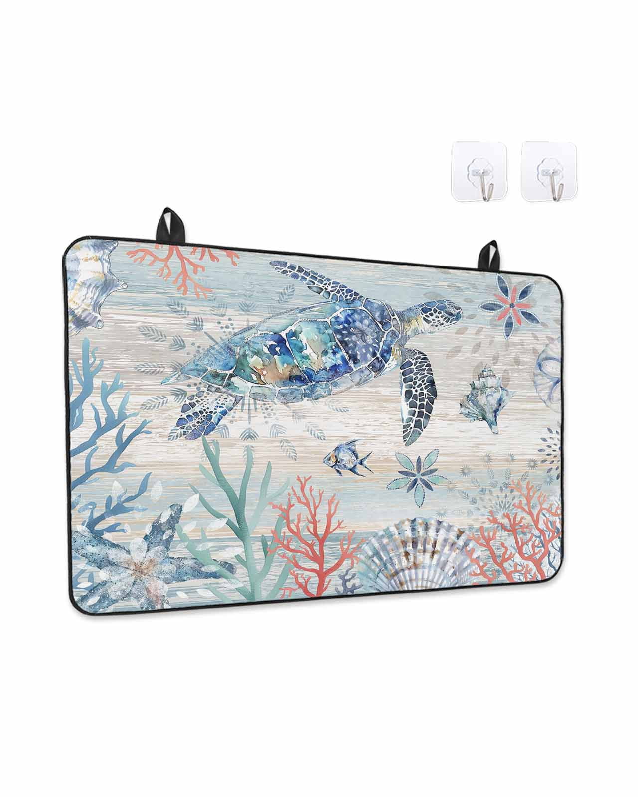 Stove Top Covers for Electric Stove, Ocean Turtle Glass Stovetop Cover Protector, Coral Vintage Blue Shell Coastal Conch Induction Cooktop Protector Oven Mat for Kitchen Countertop 24"x21"