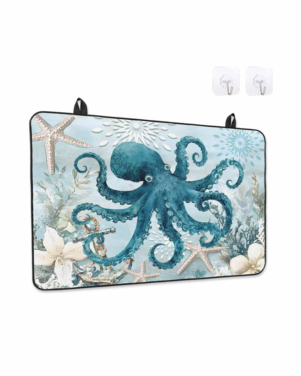 Stove Top Covers for Electric Stove, Octopus Blue Glass Stovetop Cover Protector, Coastal Starfish Nautical Anchor Flower Induction Cooktop Protector Oven Mat for Kitchen Countertop 31"x24"