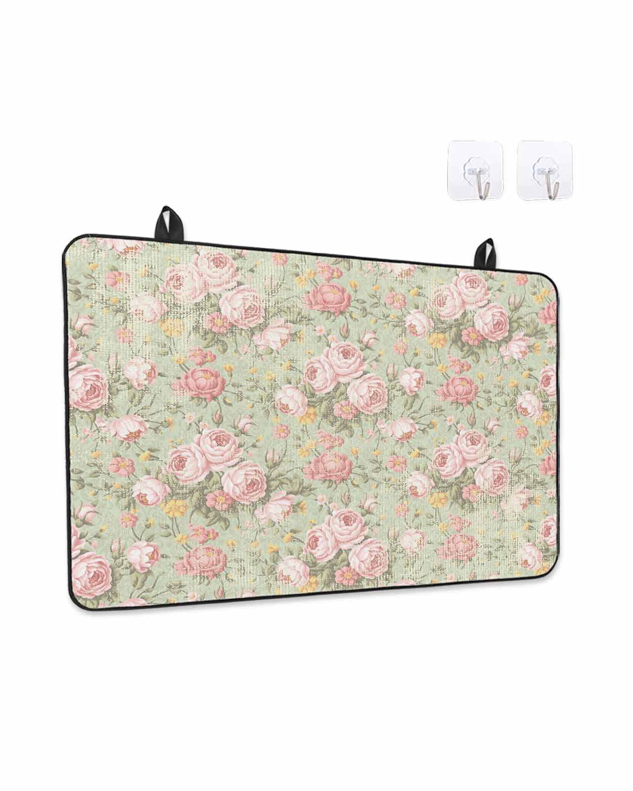 Stove Top Covers for Electric Stove, Pink Flowers Glass Stovetop Cover Protector, Green Country Botanical Floral Leaves Induction Cooktop Protector Oven Mat for Kitchen Countertop 24"x21"