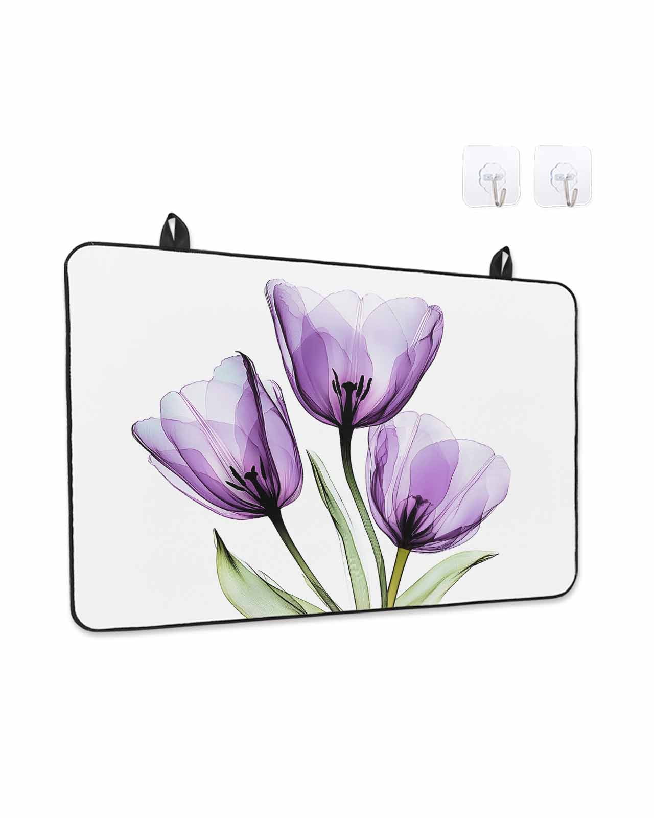 Stove Top Covers for Electric Stove, Purple Tulips Glass Stovetop Cover Protector, Green Leaf Country Flower White Botanical Induction Cooktop Protector Oven Mat for Kitchen Countertop 24"x21"
