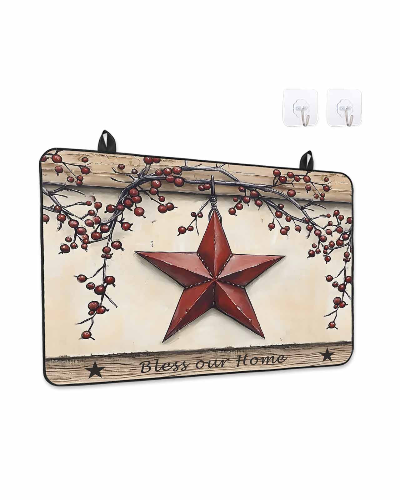 Stove Top Covers for Electric Stove, Red Texas Star Rustic Glass Stovetop Cover Protector, Country Star Berries Wooden Induction Cooktop Protector Oven Mat for Kitchen Countertop 24"x21"