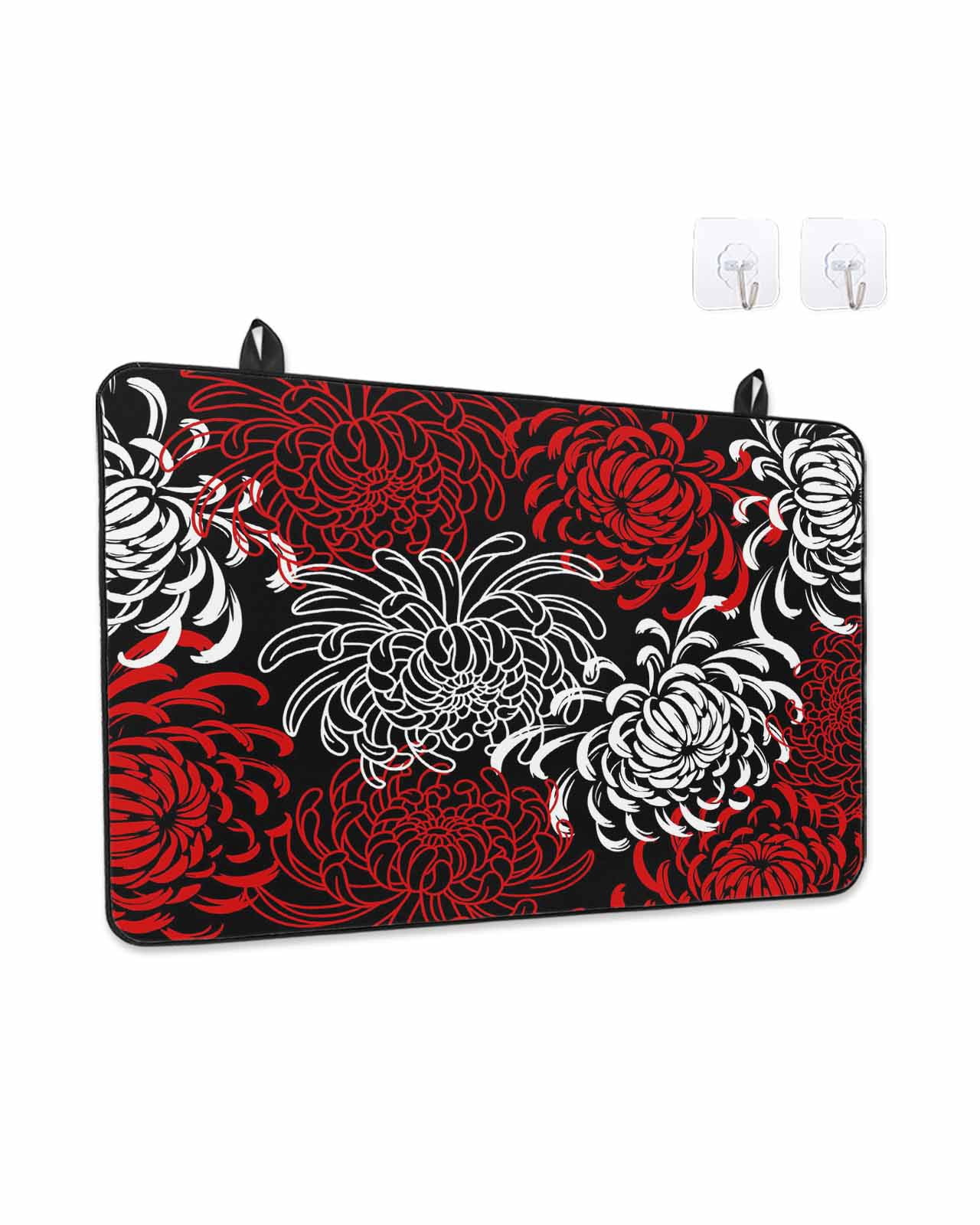 Stove Top Covers for Electric Stove, Red White Glass Stovetop Cover Protector, Abstract Black Chrysanthemum Flower Floral Induction Cooktop Protector Oven Mat for Kitchen Countertop 36"x21"
