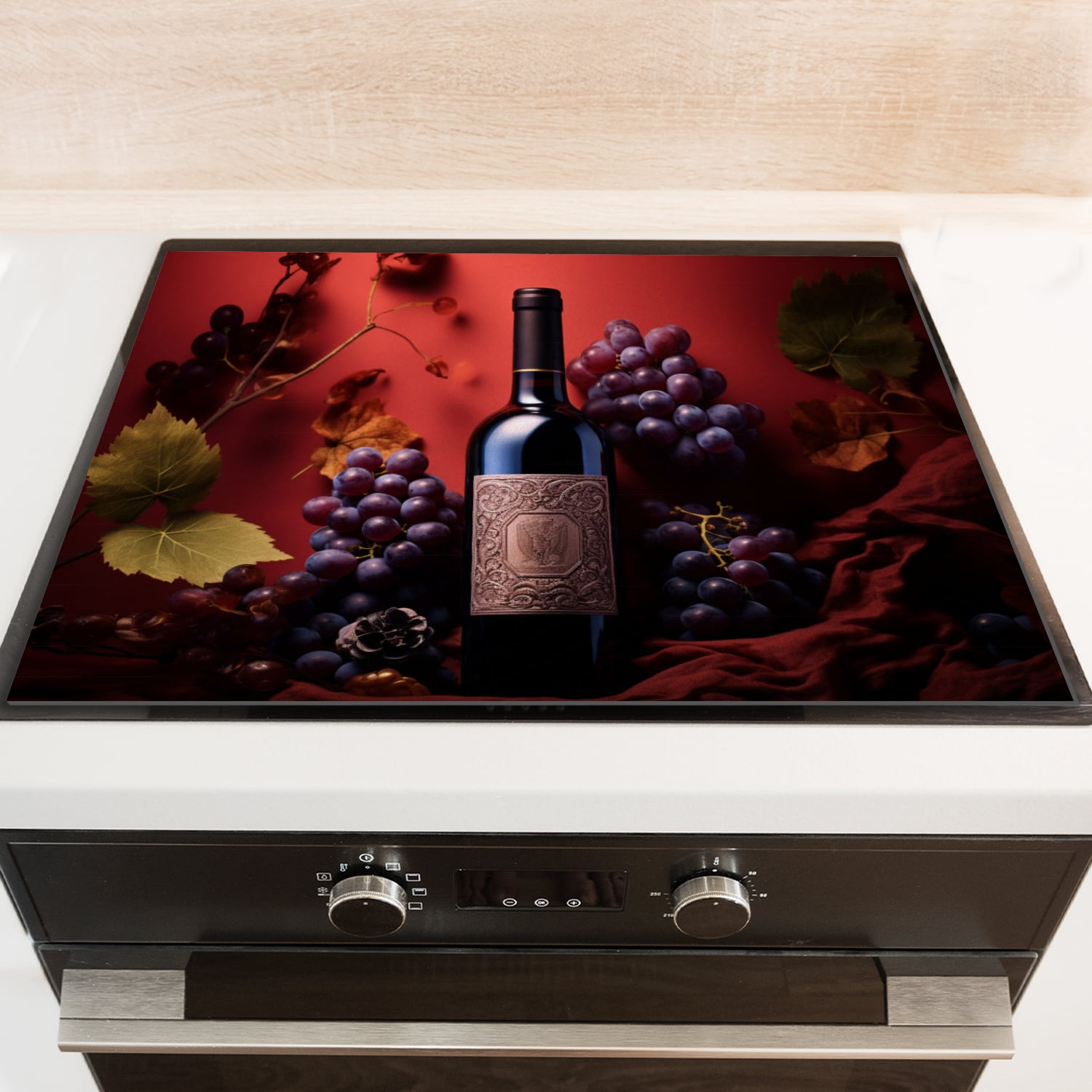 Stove Top Covers for Electric Stove, Red Wine And Grapes Print Glass Stovetop Cover, Square Glass Countertop Protector Mat for Kitchen RV (28×20 Inch)