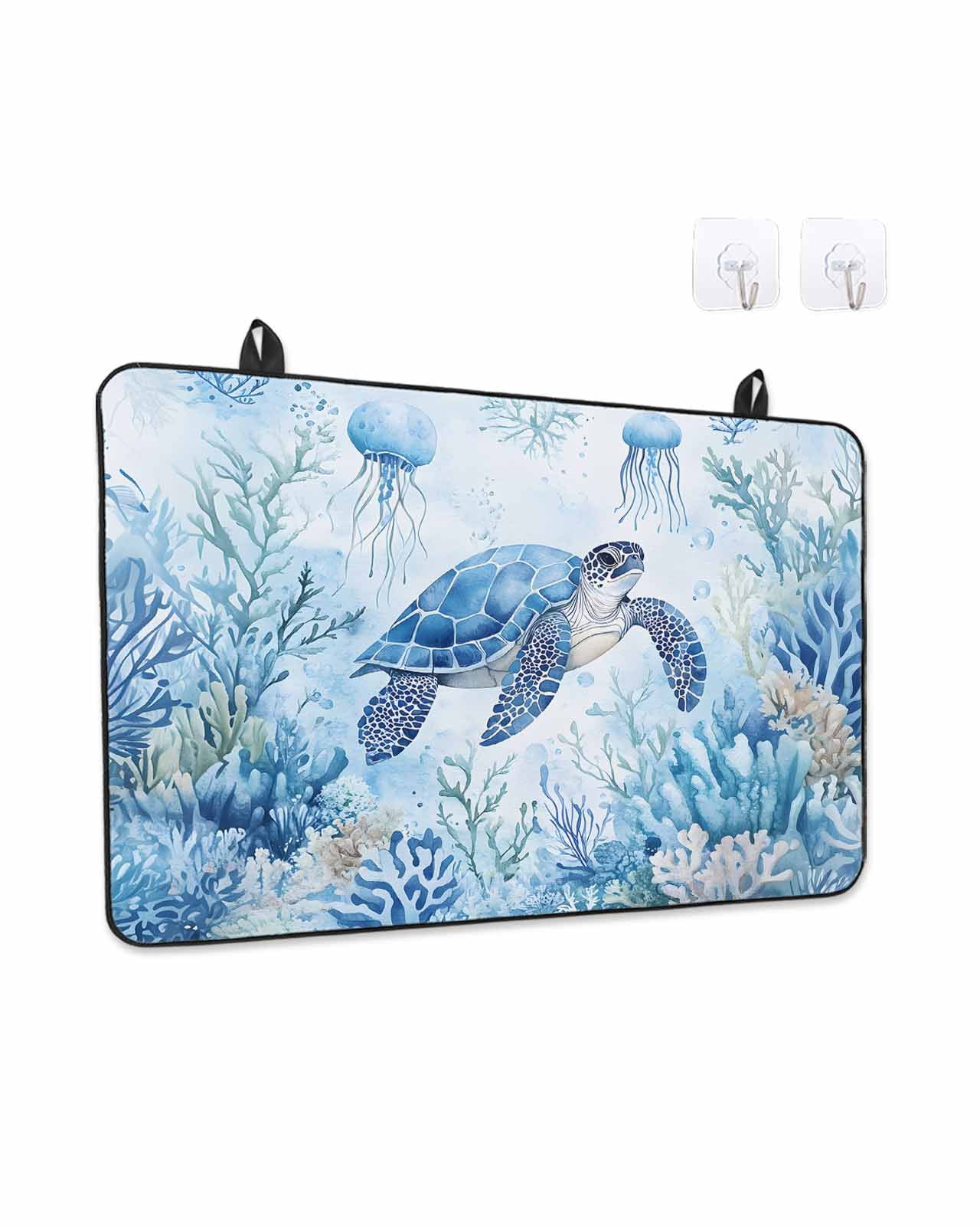 Stove Top Covers for Electric Stove, Sea Turtle Coastal Glass Stovetop Cover Protector, Blue Summer Beach Coral Jellyfish Induction Cooktop Protector Oven Mat for Kitchen Countertop 24"x21"