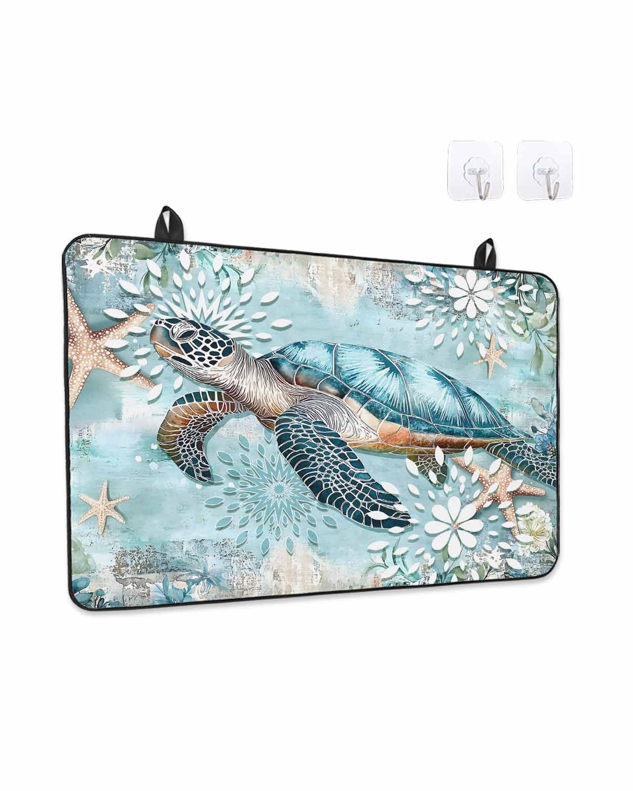 Stove Top Covers for Electric Stove, Sea Turtle Coastal Glass Stovetop Cover Protector, Vintage Teal Nautical Beach Botanical Induction Cooktop Protector Oven Mat for Kitchen Countertop 24"x21"