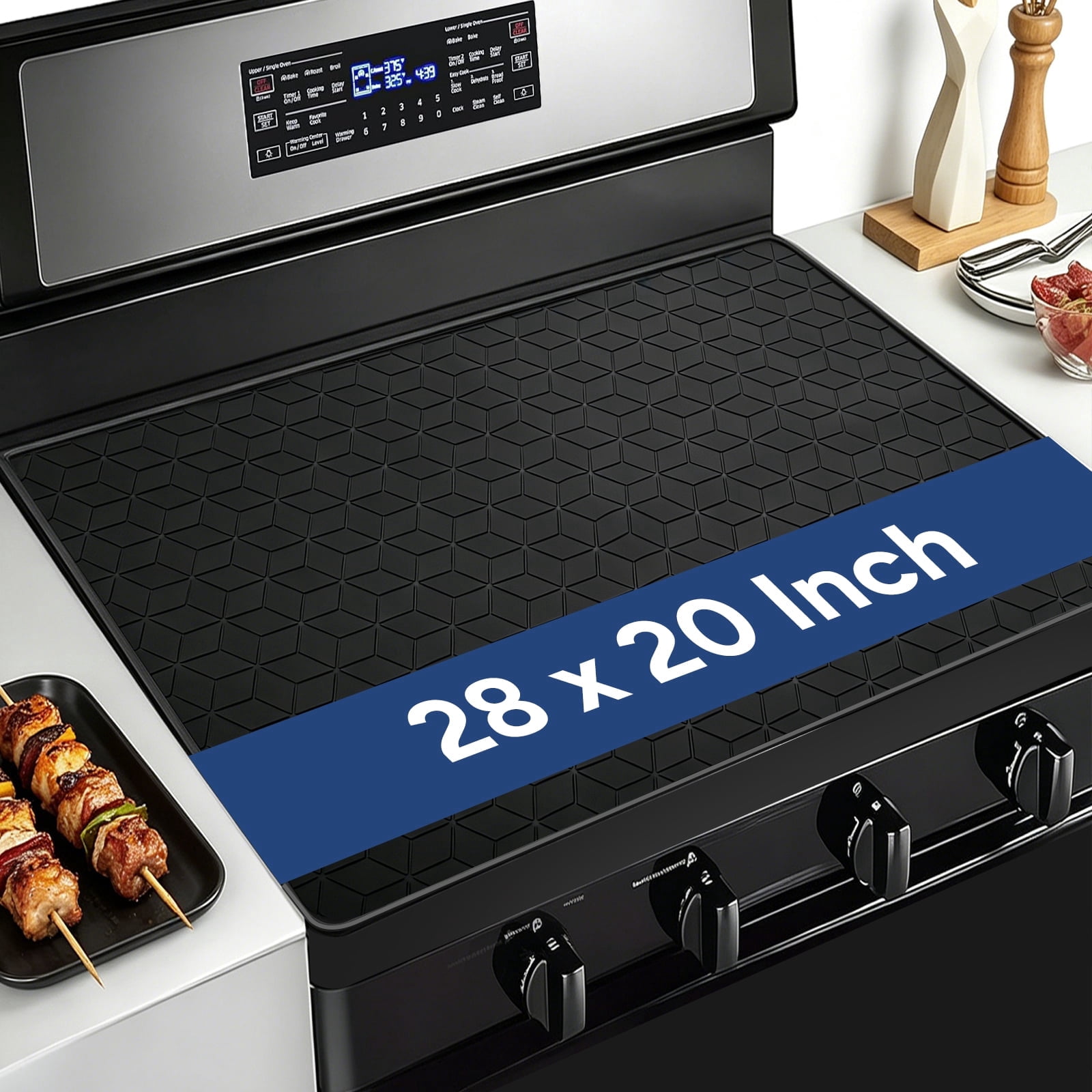 OVINESY Silicone Cooktop Protector for Electric & Induction Stoves, Heat-Resistant & Non-Slip Mat, Black, Diamond Pattern, 28 x 20 Inches