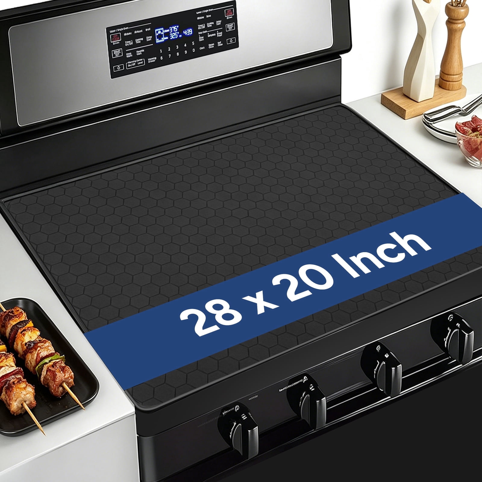 OVINESY Silicone Cooktop Protector for Electric & Induction Stoves, Heat-Resistant & Non-Slip Mat, Black, Hexagonal Pattern, 28 x 20 Inches