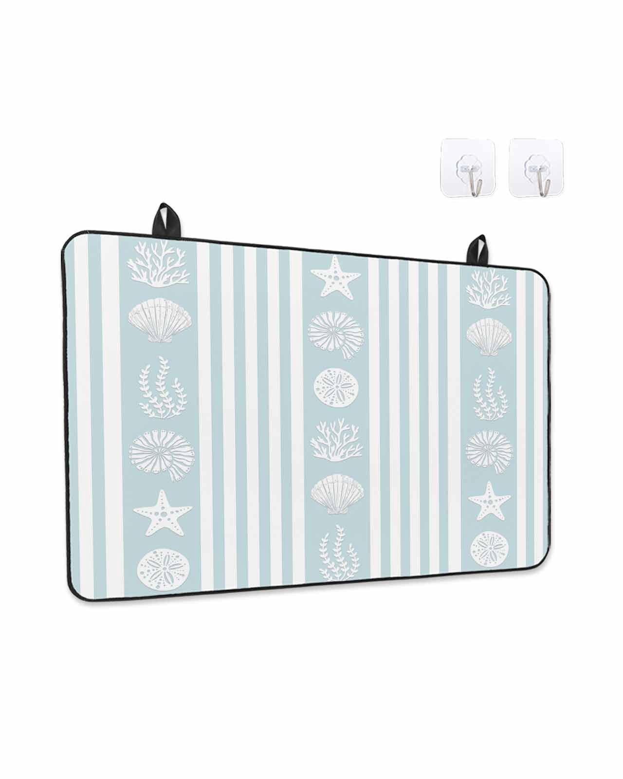 Stove Top Covers for Electric Stove, Sky Blue Striped Coastal Glass Stovetop Cover Protector, Nautical Beach Starfish Shell Induction Cooktop Protector Oven Mat for Kitchen Countertop 24"x21"