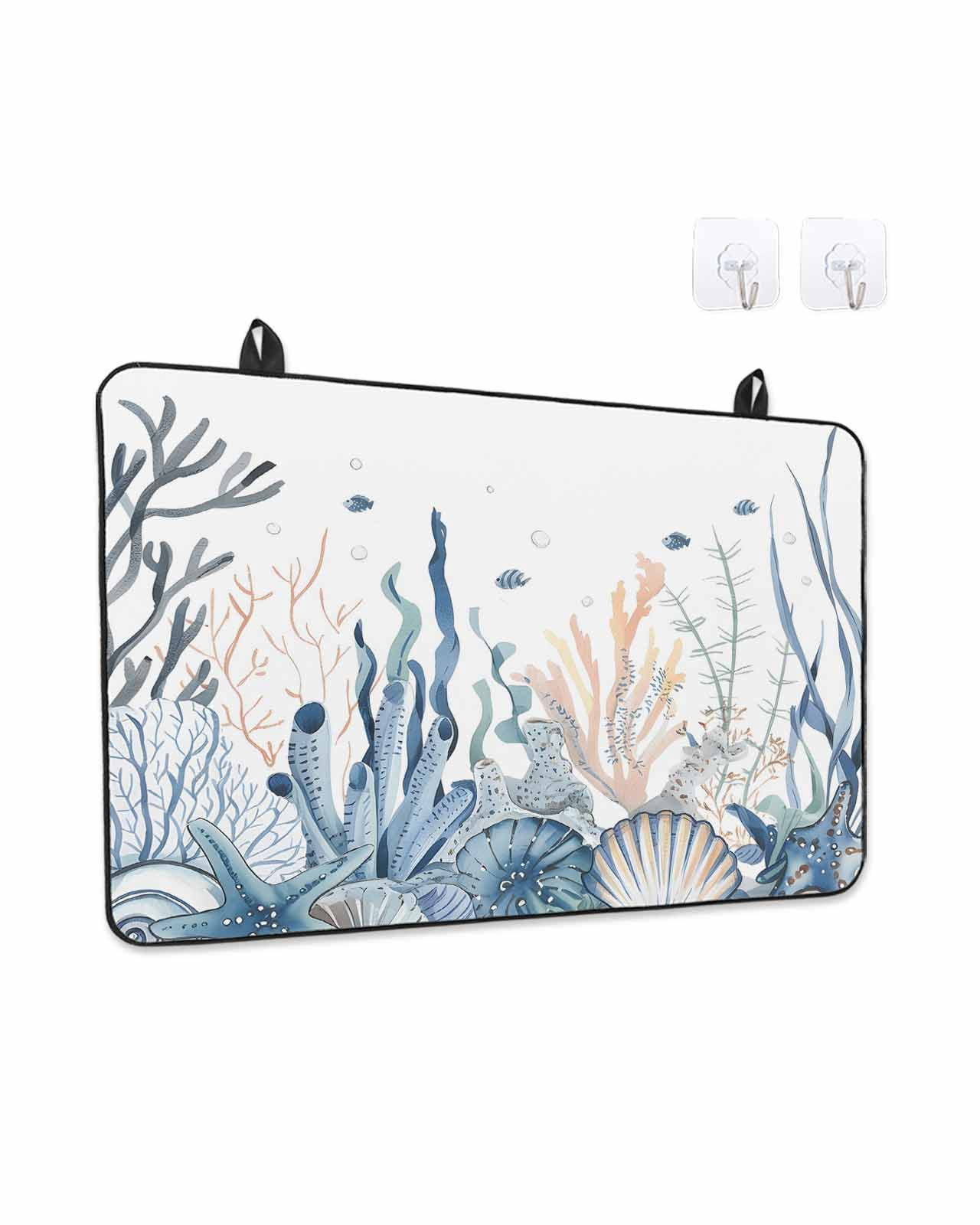 Stove Top Covers for Electric Stove, Summer Coastal Coral Glass Stovetop Cover Protector, Blue Ocean Conch Shell Blue Induction Cooktop Protector Oven Mat for Kitchen Countertop 24"x21"