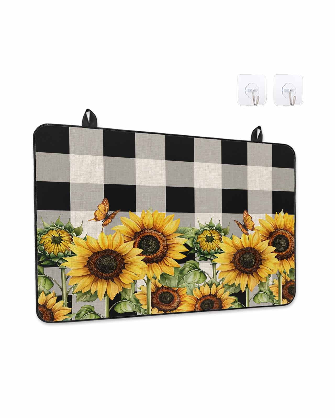 Stove Top Covers for Electric Stove, Sunflower Checkered Glass Stovetop Cover Protector, Black Buffalo Plaid Pastoral Flowers Induction Cooktop Protector Oven Mat for Kitchen Countertop 24"x21"