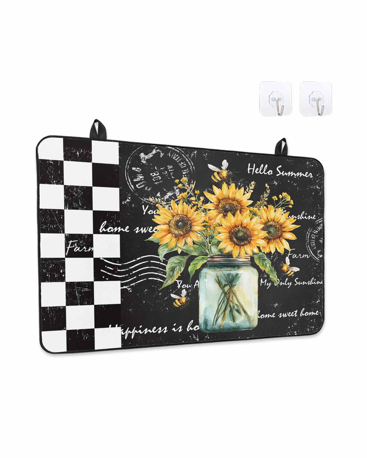 Stove Top Covers for Electric Stove, Sunflower Glass Stovetop Cover Protector, Black White Check Farmhouse Bee Vase Floral Induction Cooktop Protector Oven Mat for Kitchen Countertop 24"x21"