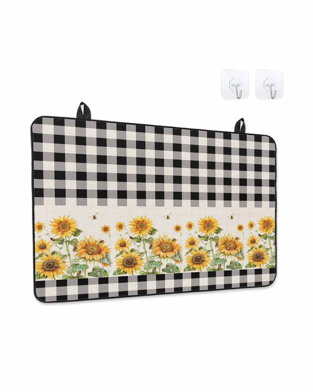 Stove Top Covers for Electric Stove, Sunflower Glass Stovetop Cover Protector, Retro Buffalo Plaid Black White Country Bee Induction Cooktop Protector Oven Mat for Kitchen Countertop 24"x21"