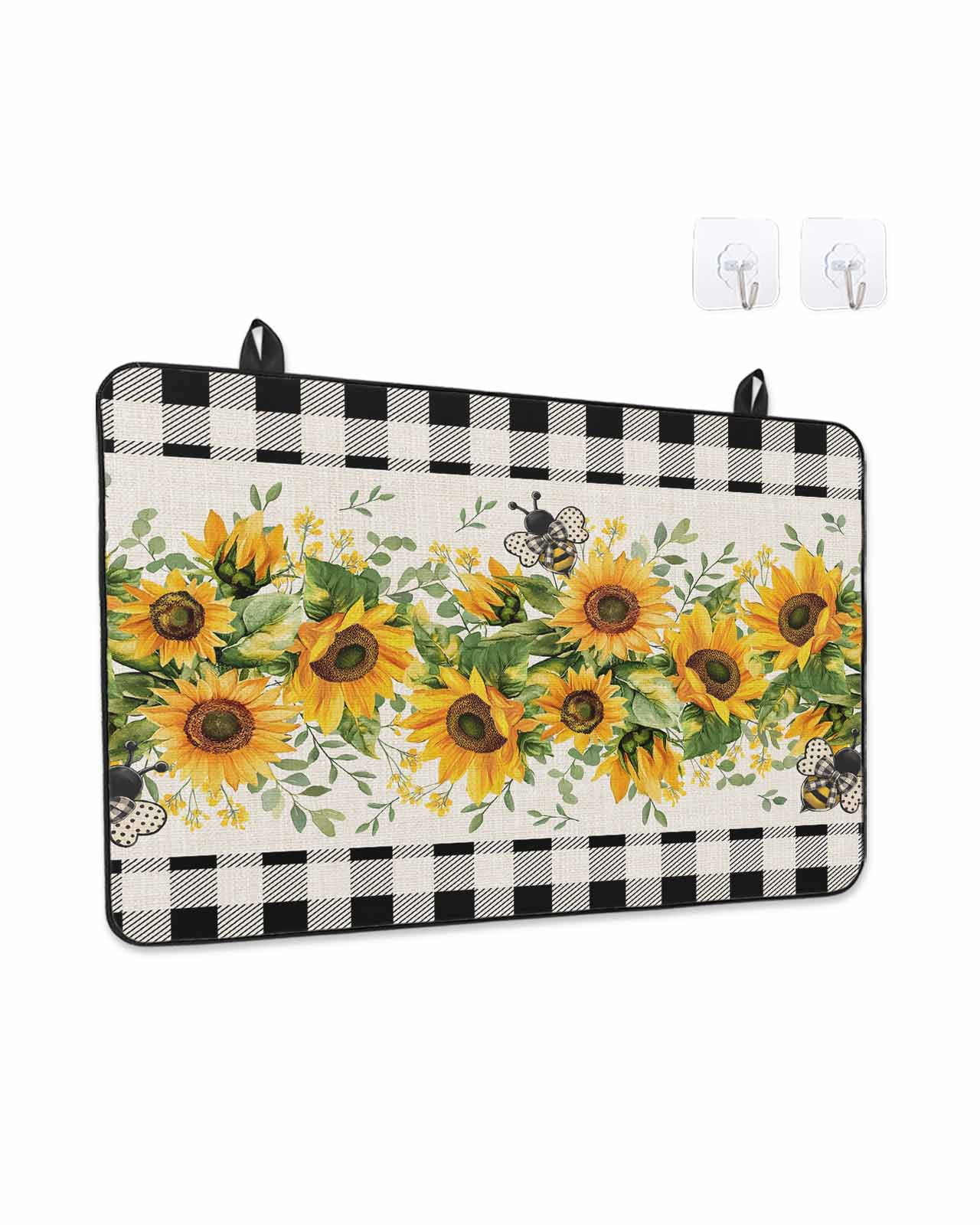 Stove Top Covers for Electric Stove, Sunflower Glass Stovetop Cover Protector, Summer Botanical Bee Rustic Black Plaid Induction Cooktop Protector Oven Mat for Kitchen Countertop 24"x21"