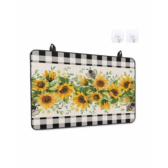 Stove Top Covers for Electric Stove, Sunflower Glass Stovetop Cover Protector, Summer Botanical Bee Rustic Black Plaid Induction Cooktop Protector Oven Mat for Kitchen Countertop 24"x21"